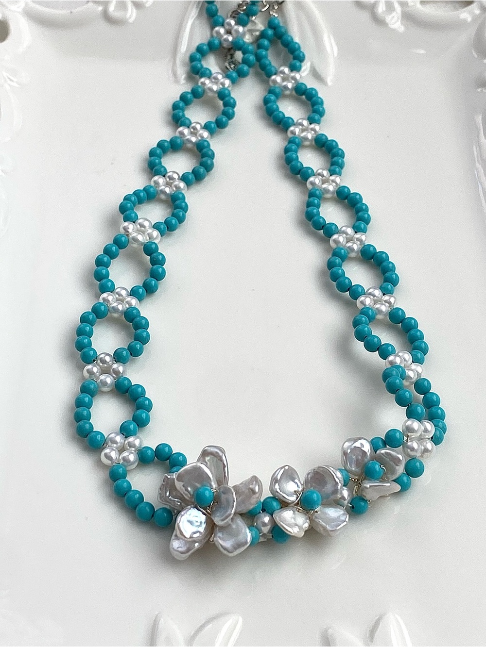 GP91-Natural Round Turquoise, Round Pearl And Premium Flower Braided Necklace